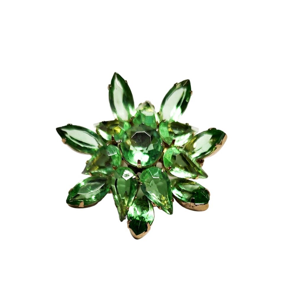 1960s True Vintage Large Bright Light Green Rhinestone Starburst Pin Brooch